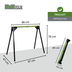 TRUTZHOLM Arbeitsbock, klappbar, Stahl pulverbeschichtet, grün/schwarz, bis 1000kg Traglast pro Paar.