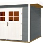 Graues Weka Holz-Gartenhaus mit Flachdach und weißen Doppeltüren, 235x284 cm.