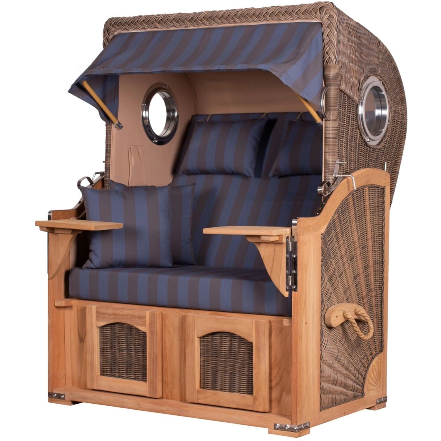 Komplettset: Grauer Strandkorb Ammersee aus Teak mit Bullaugen, Streifenmuster und Zubehör.