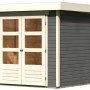 Modernes, terragraues Karibu Holz-Gartenhaus Raala 2 mit Doppeltür und Fenstern.