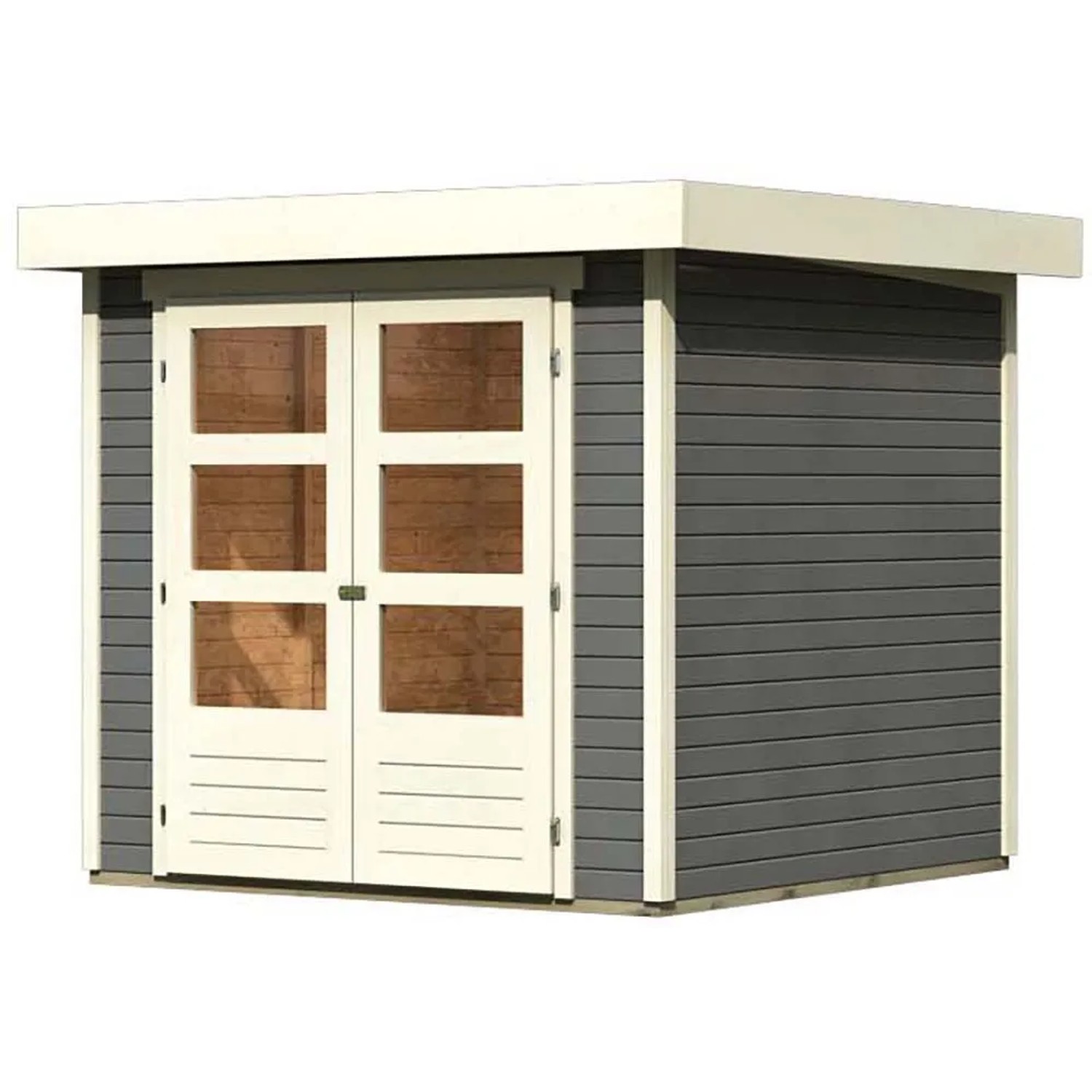 Modernes, terragraues Karibu Holz-Gartenhaus Raala 2 mit Doppeltür und Fenstern.