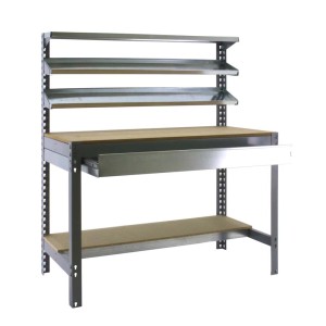 Graue PROREGAL Werkbank Buffalo mit Schubfach und Ablagen, Traglast 400 kg.
