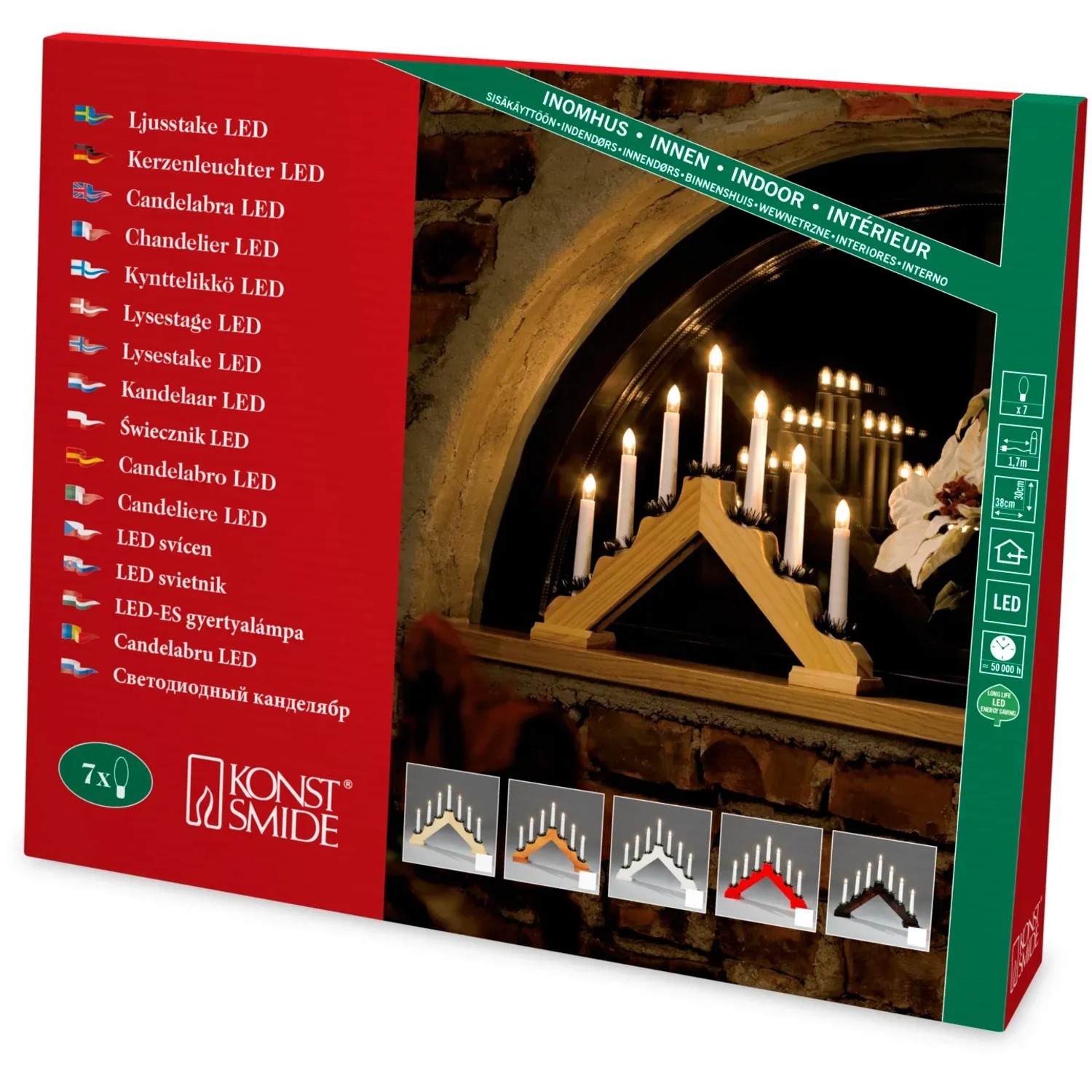 Konstsmide Holzleuchter 7-flammig für Innen, Weihnachtsdeko mit warmweißem Licht.