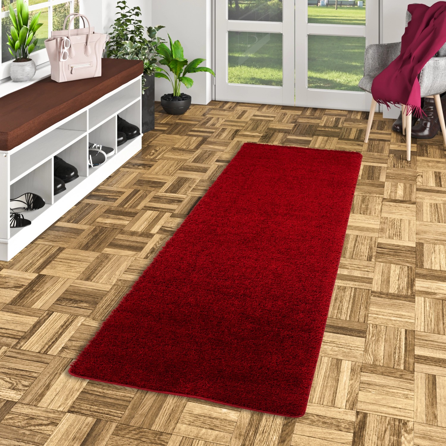 Weinroter Snapstyle Hochflor Shaggy Teppichläufer Palace, 80x200cm. Flauschiger Langflor Teppich.