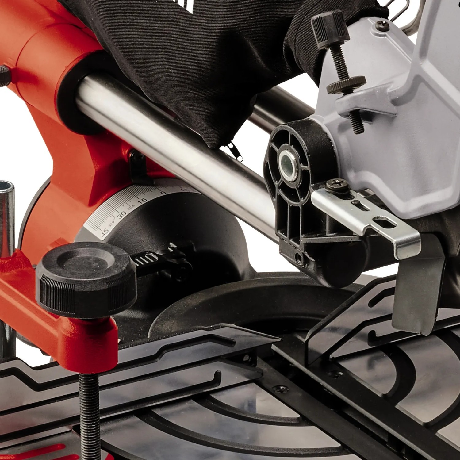 Detailaufnahme: Einhell TE-SM 8 L Dual Zug-Kapp-Gehrungssäge mit Winkelskala und Schnellverstellung.