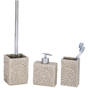 Wenko WC-Bürstengarnitur Fossil Beige aus Polyresin mit WC-Bürste und Zahnputzbecher.