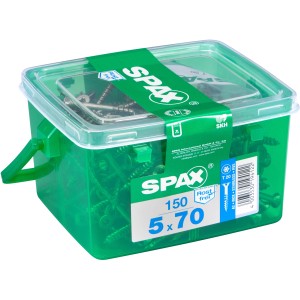 Spax Terrassenschrauben 5x70 mm, 150 Stück im grünen Behälter. Senkkopf, T-Star plus Antrieb.