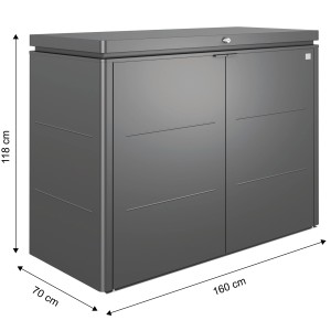 Biohort Gartenbox HighBoard 160, dunkelgrau-metallic, mit Maßen. Ideal als Universalbox für Gartenutensilien.