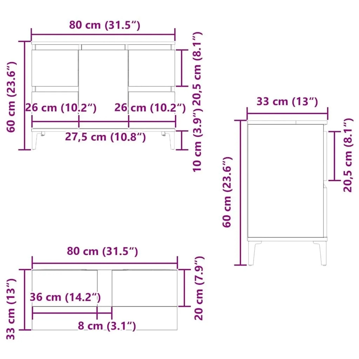 vidaXL Waschbeckenschrank, Eiche schwarz, 80x33x60cm, Maße und Details.