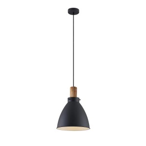 Schwarze Lindby Pendelleuchte Trebale im skandinavischen Design mit Holzdetail.