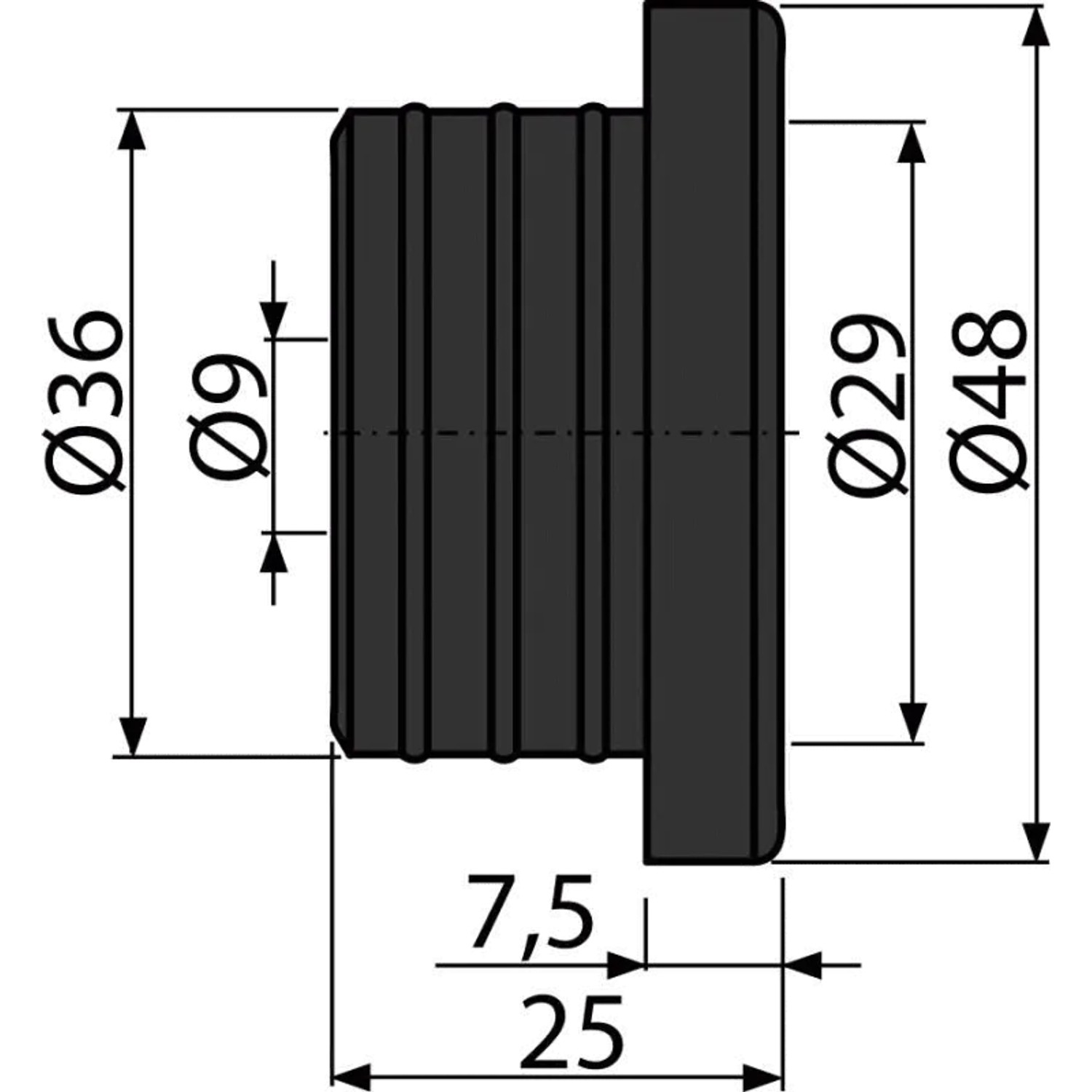 Technische Zeichnung: Alcadrain Gumminippel S0688-ND 36/10, Siphonanschluss mit Maßen.