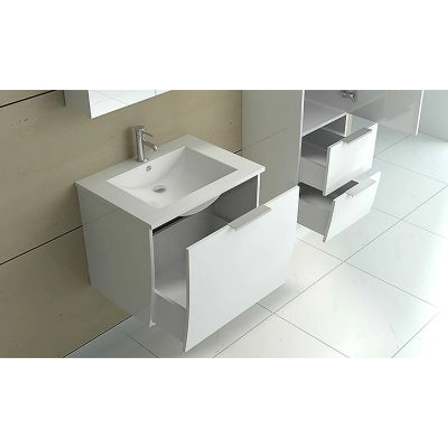 Jet-Line Badset Rorschach, hochglanz weiß: Waschbecken, Unterschrank, Spiegelschrank und Hochschrank.