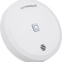 Weißer Homematic IP Wassersensor, rund, mit blau umrandetem Knopf und Lautsprecher. Für Smart Home Sicherheit.