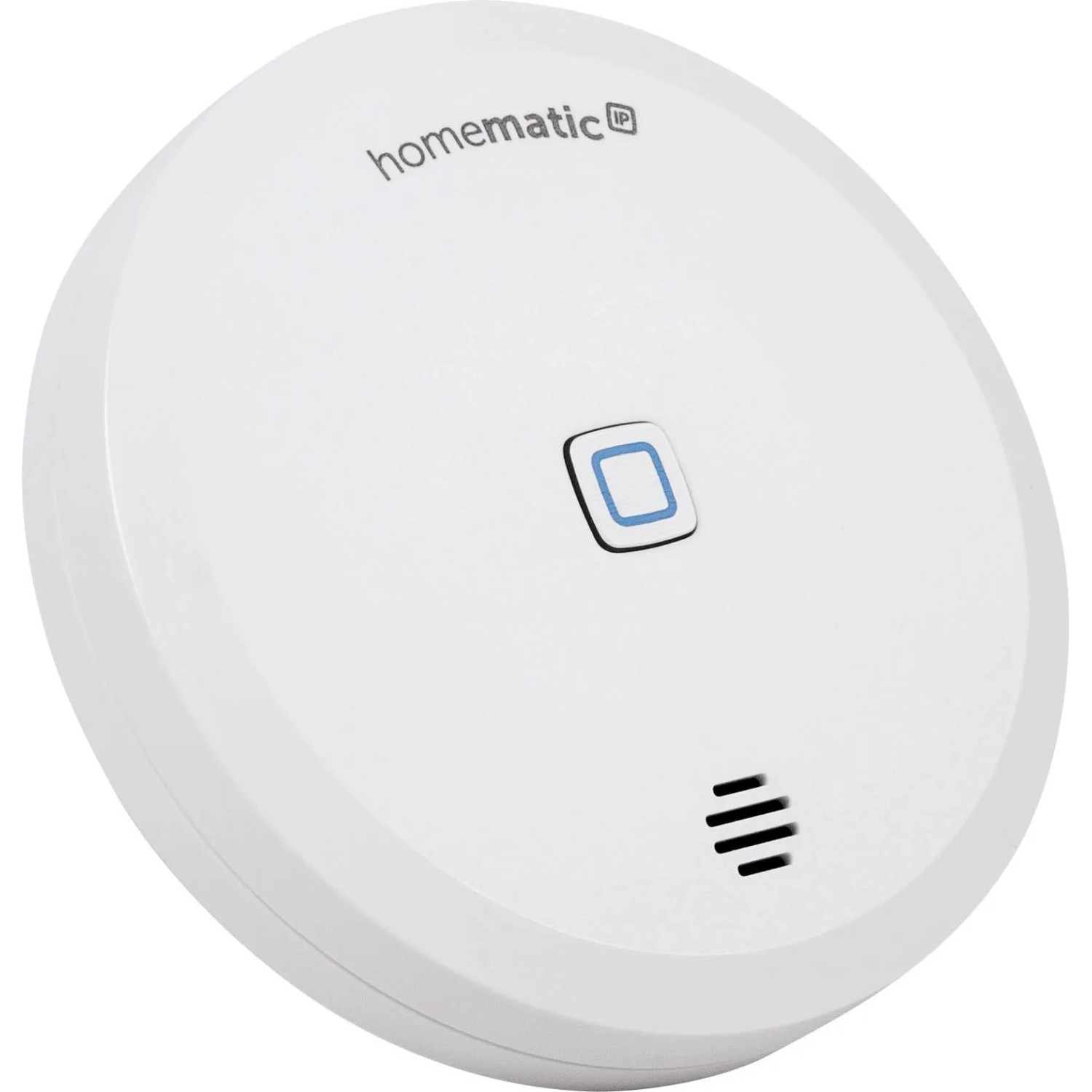Weißer Homematic IP Wassersensor, rund, mit blau umrandetem Knopf und Lautsprecher. Für Smart Home Sicherheit.