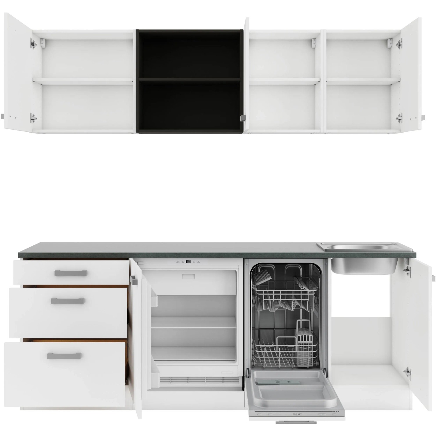 OPTIFIT Oslo214 Küchenzeile, 210 cm, ohne E-Geräte, Weiß, mit Spüle und Schubladen.