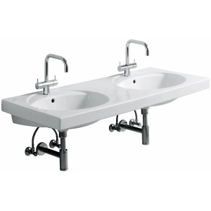 Geberit Preciosa Doppelwaschbecken, 130 cm, mit zwei Becken, Armaturen und KeraTect Beschichtung.