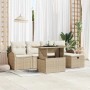 Beiges 6-teiliges vidaXL Garten-Sofa-Set aus Poly Rattan mit Kissen und Stauraum.