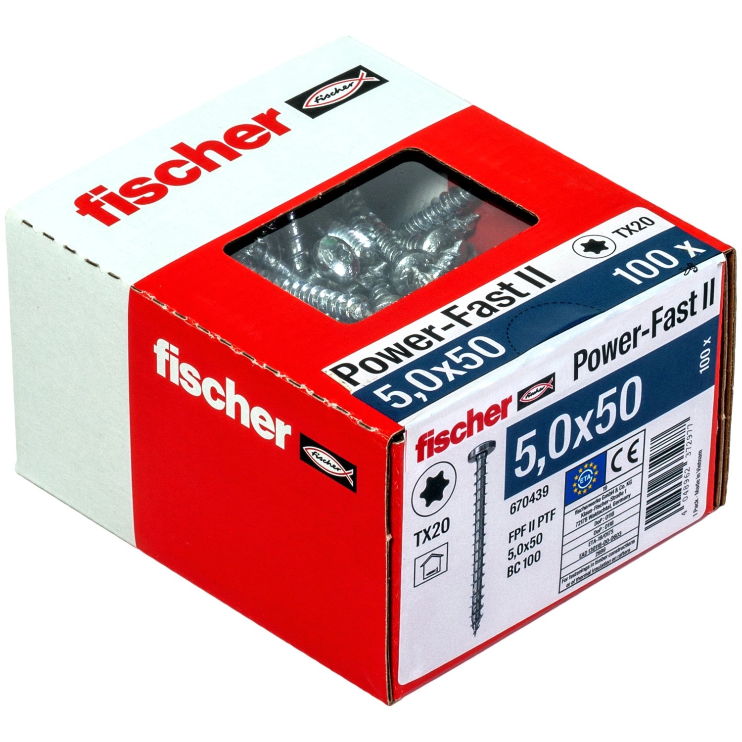 Fischer PowerFast II Holzschrauben, 5x50 mm, 100 Stück im Karton.