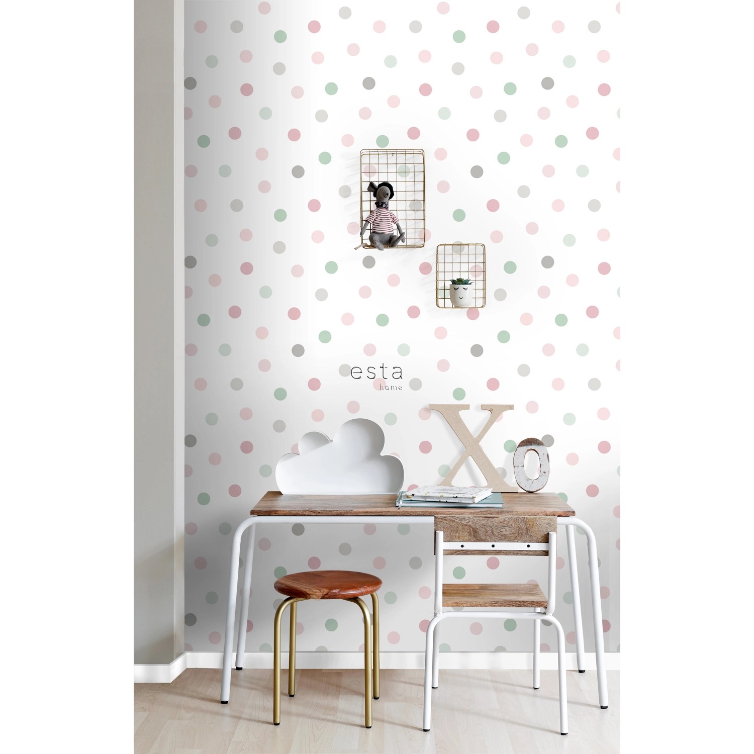 ESTAhome Tapete Punkte Rosa Grün und Grau 0,53 x 10,05 m 139040