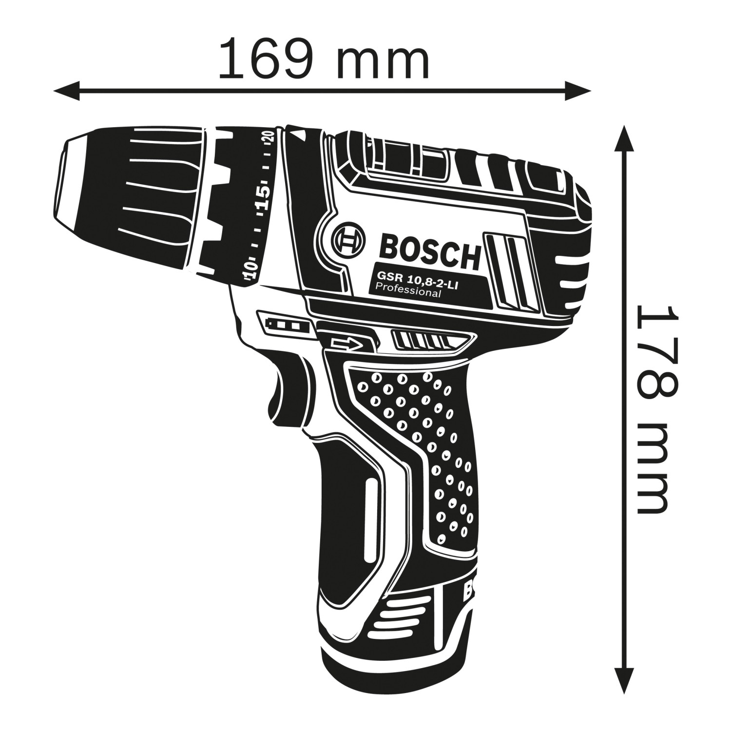 Skizze des Bosch Professional GSR 12V-15 Akku-Bohrschraubers mit Maßangaben.