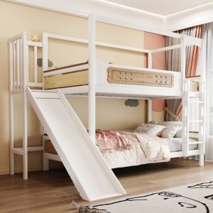 Weißes Merax Etagenbett 90x200cm im Hausdesign mit Rutsche und Leiter. Holzfarbene Akzente, Keks-Geländer für Kinder.