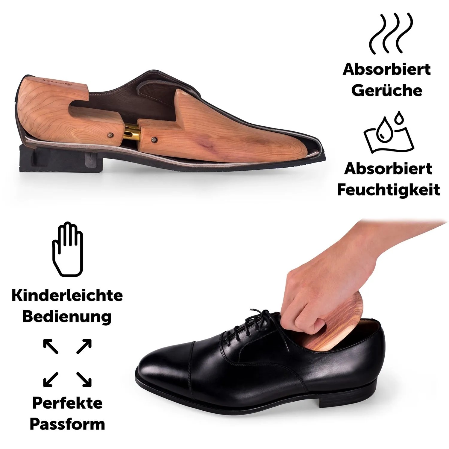 Zedernholz Schuhspanner in schwarzem Herrenschuh, absorbiert Feuchtigkeit & Gerüche, erhält die Passform. Einfache Handhabung.