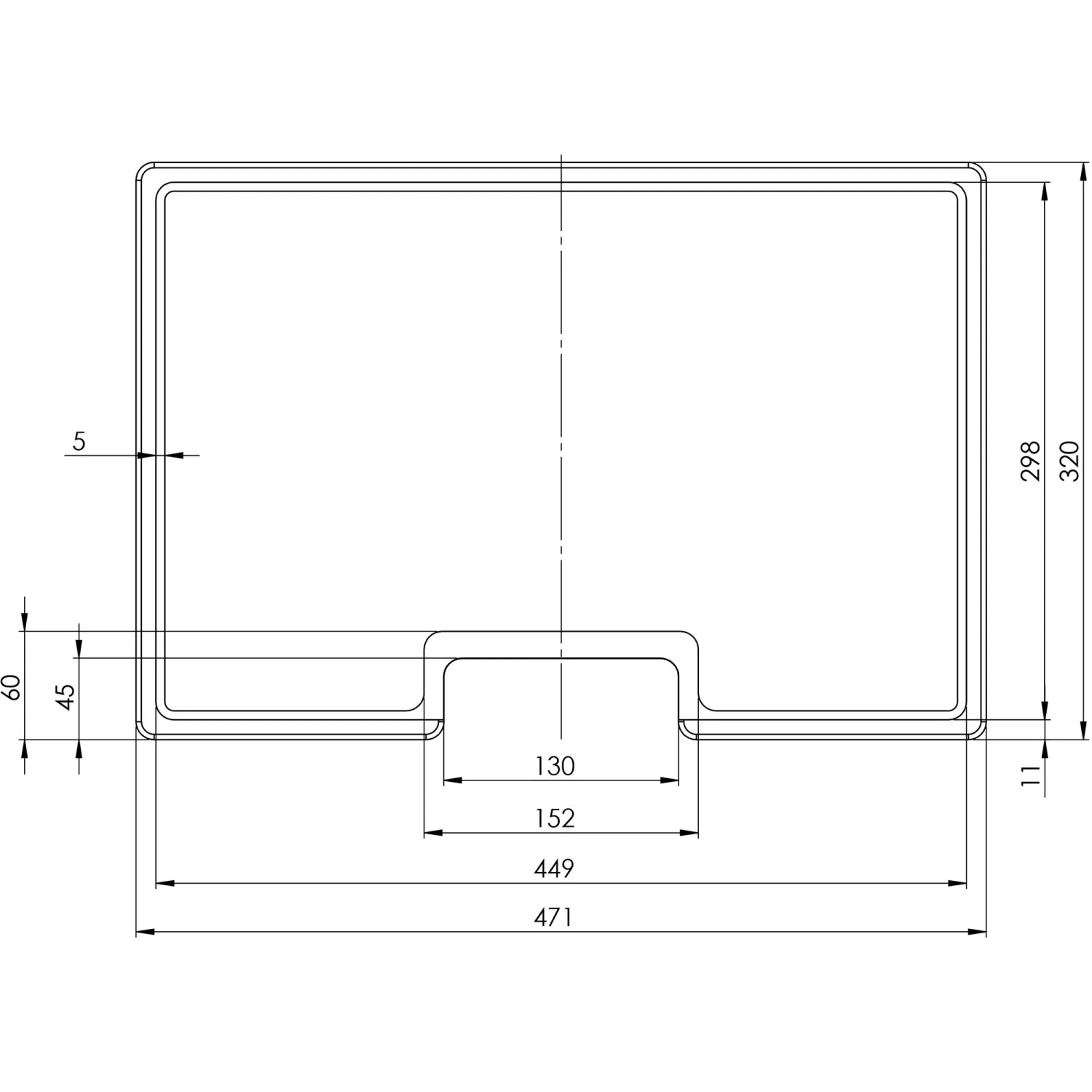 Technische Zeichnung: Helika Schneidebrett Sapeli Holz, 47x32cm, für Spüle. Zubehör für Spülen.