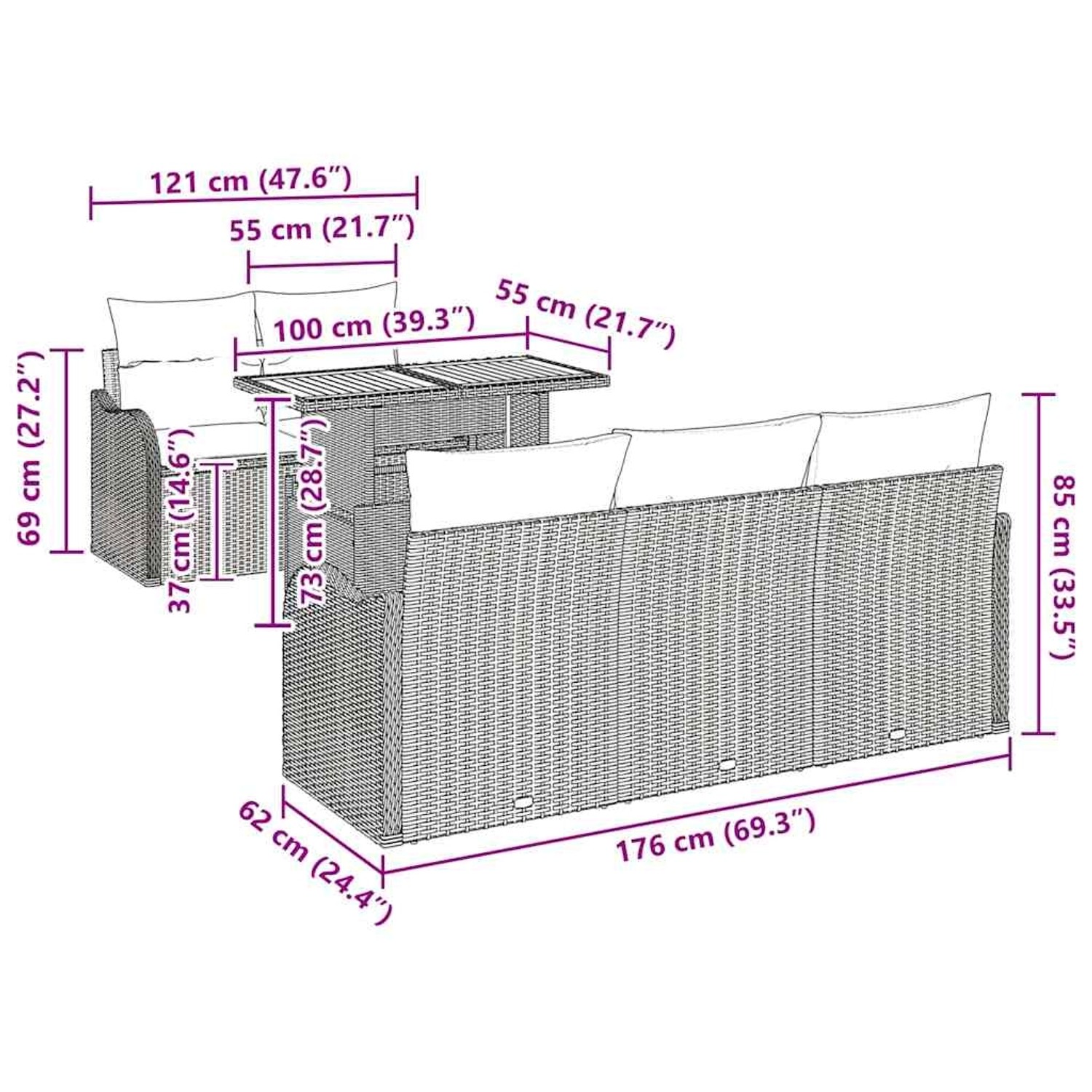 vidaXL Gartenmöbel Set, 6-teilig, beige Poly Rattan, mit Maßangaben.