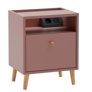 Schildmeyer Nachttisch Bjarne in Mauve mit Schubkasten, Nische, integrierter Steckdose und USB-C-Anschlüssen, Holzfüße.