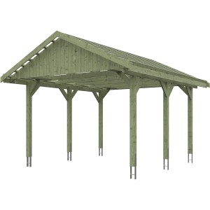 Satteldach-Carport Wallgau 430x500 cm mit Dachlattung aus grün imprägniertem Holz.