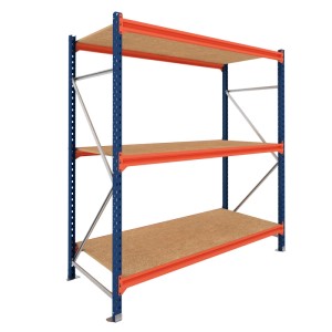 PROREGAL DOMINUS Schwerlastregal, blau/orange, mit 3 Spanplatten-Fachböden. Stecksystem für Lager & Werkstatt.