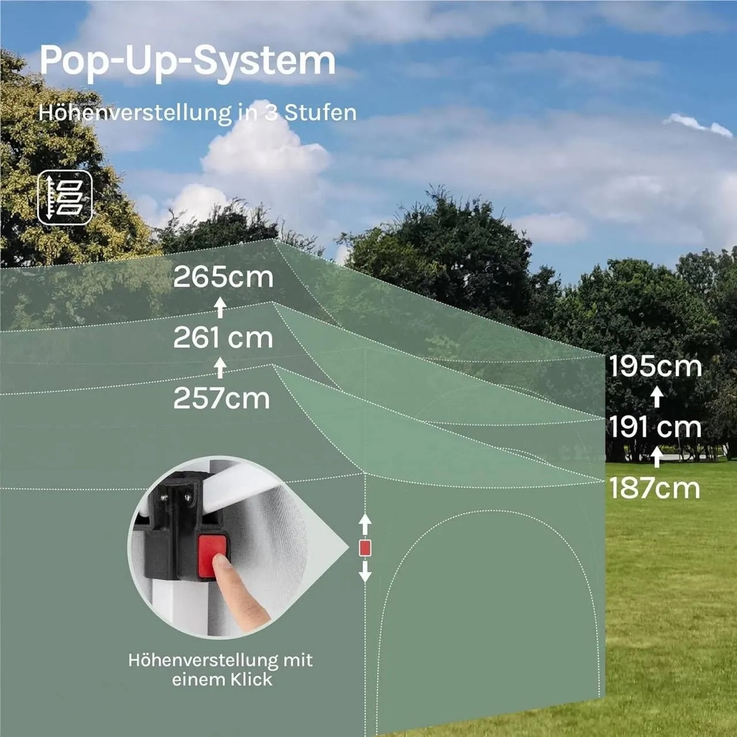 WOLTU Pavillon: Pop-Up-System mit 3-stufiger Höhenverstellung (257-265cm). Roter Klick-Knopf zur einfachen Anpassung.