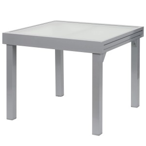 Quadratischer, silberner ib style Gartentisch Diplomat mit Glasplatte und Aluminiumgestell.