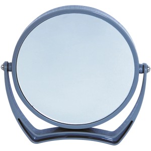 Grauer Kosmetikspiegel mit 2-fach Vergrößerung und Standfuß für den Tisch.