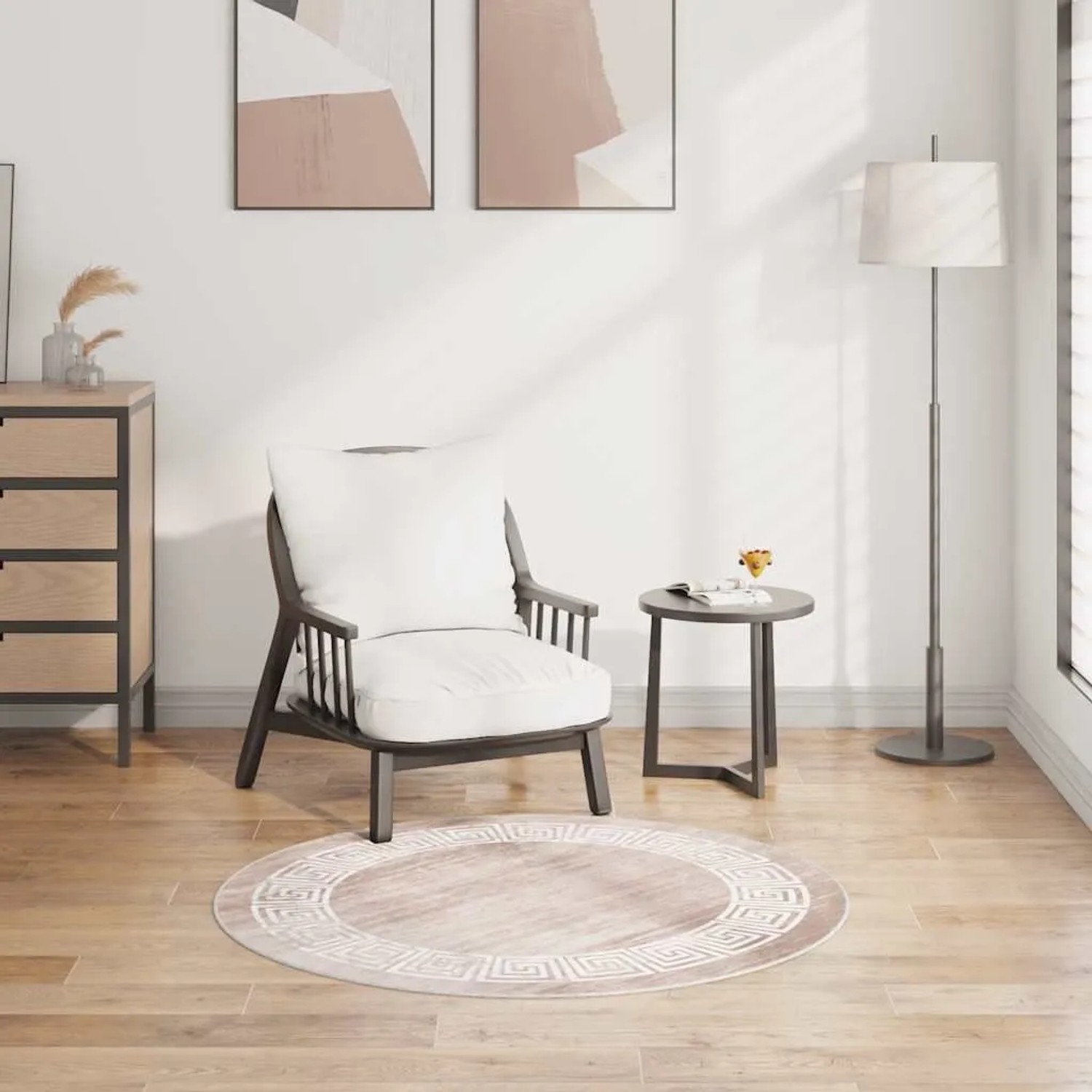 Beiger, runder vidaXL Teppich (Ø 120 cm) mit rutschfester Rückseite im Wohnzimmer.