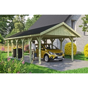 Satteldach-Carport Wallgau mit schwarzen Schindeln und Auto. Holzkonstruktion mit 12 Pfosten.