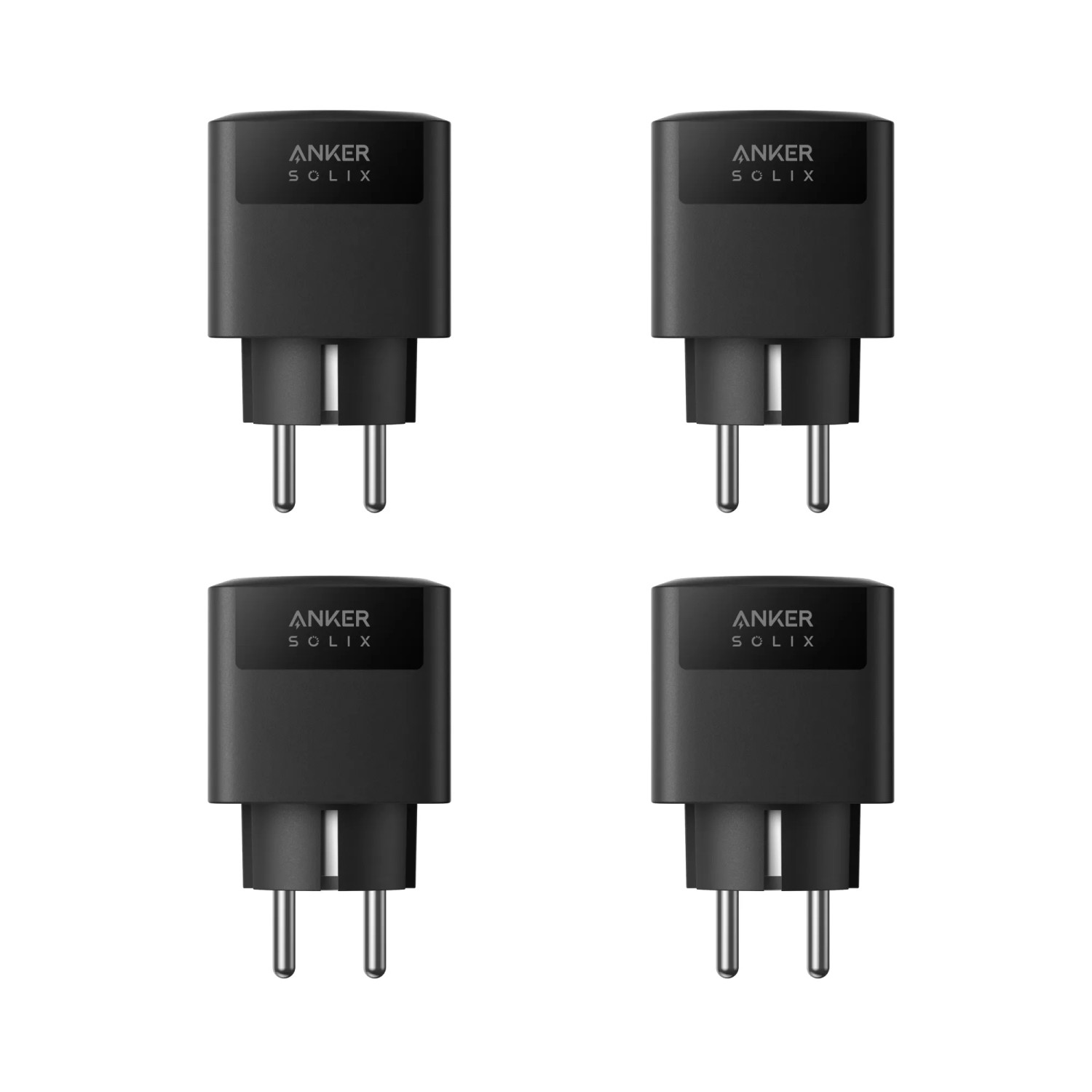 Vier schwarze Anker Solix Smart Plugs für Balkonkraftwerk-Set.