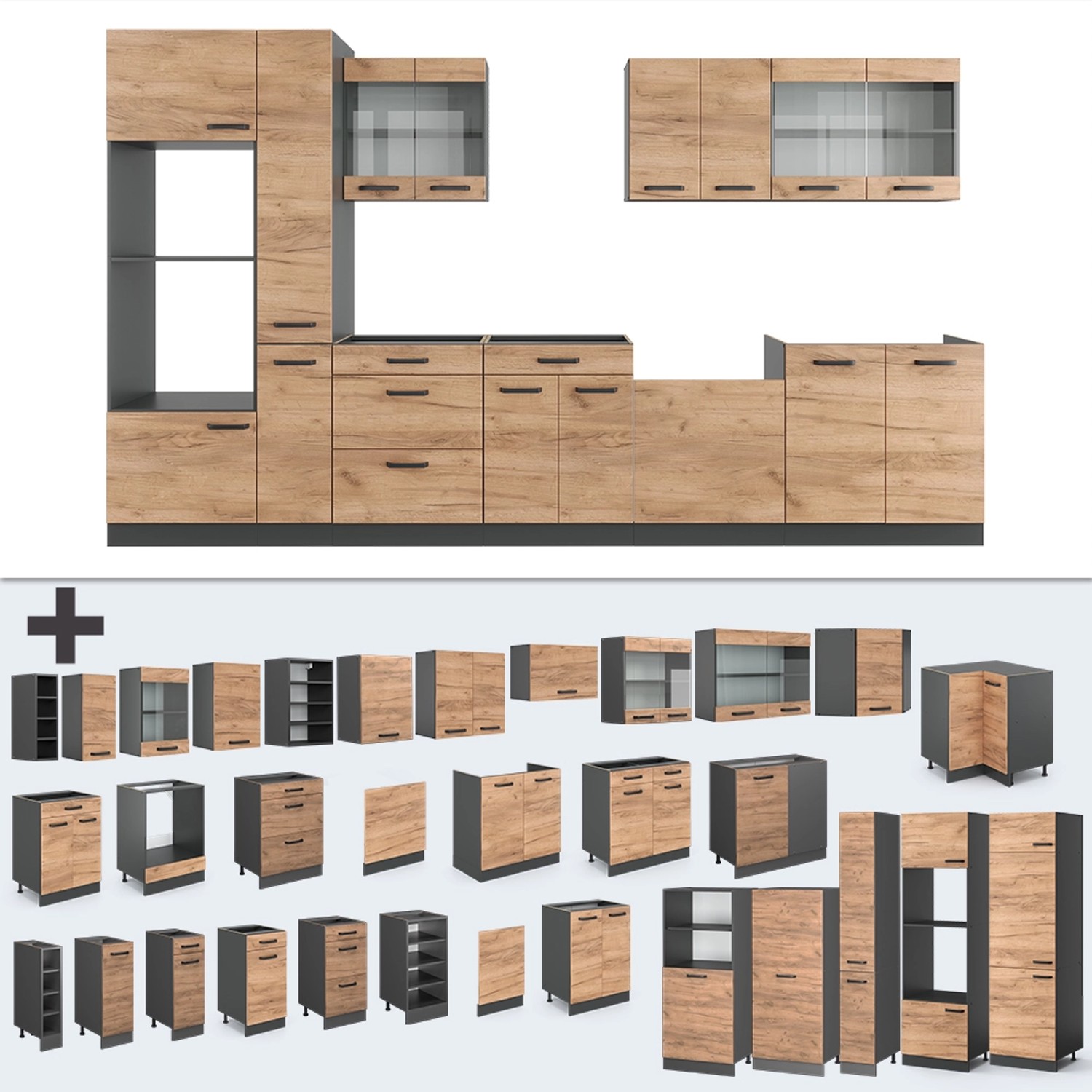 Vicco R-Line Küchenzeile 350cm in Goldkraft Eiche/Anthrazit, modulare Küchenmöbel ohne Arbeitsplatte.