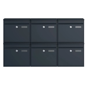 Basi Briefkasten Set, 6 anthrazitfarbene Wandbriefkästen mit Schloss und Namensschild.