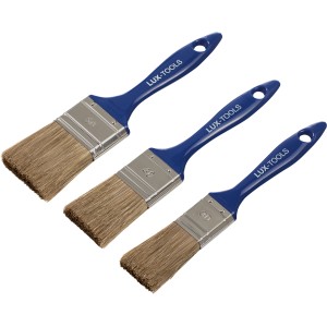 LUX Flachpinsel-Set Lasur, 3 Pinsel mit blauen Griffen und unterschiedlichen Breiten.