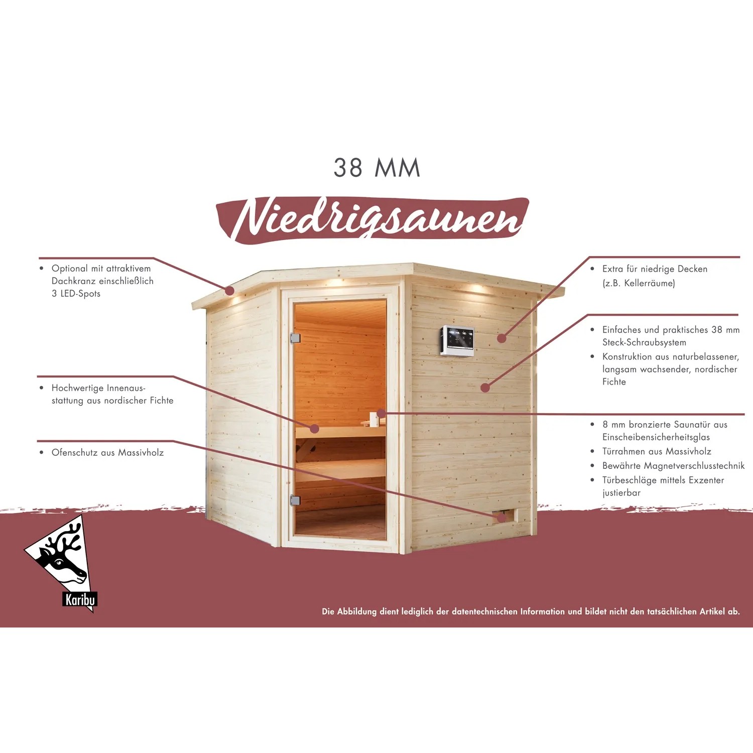 Karibu Sauna Elea Set, naturbelassene Massivholzsauna mit Ofen und externer Steuerung.