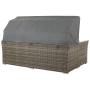 Dunkelbraunes Polyrattan Lounge Set CORTE mit hochgeklapptem grauem Sonnendach. Gartenmöbel für Sonnenschutz.