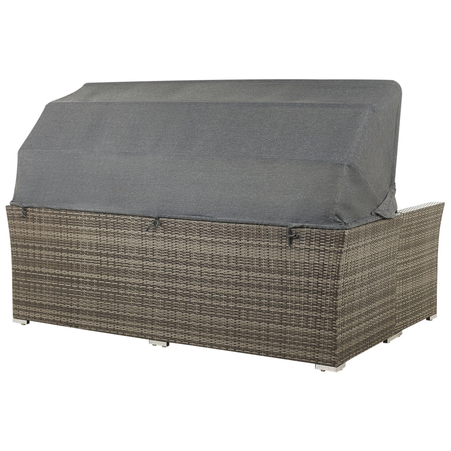 Dunkelbraunes Polyrattan Lounge Set CORTE mit hochgeklapptem grauem Sonnendach. Gartenmöbel für Sonnenschutz.