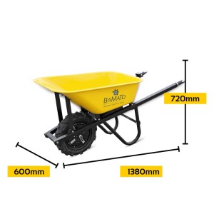 Gelbe BAMATO Elektro-Schubkarre MTR-150 mit schwarzem Rahmen, Stollenrad. 150kg Tragkraft, 75L Mulde. 1380x600x720mm.