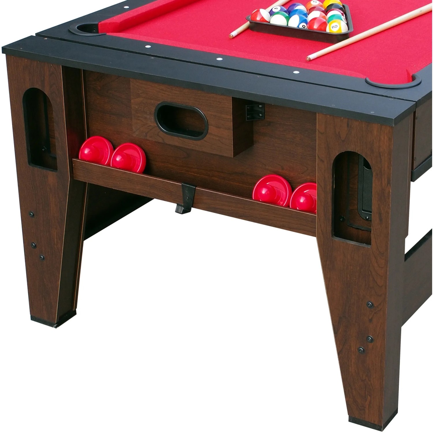 Reverso Spieltisch: Pooltisch mit Zubehör, braunes Holzgestell, rote Spielfläche.