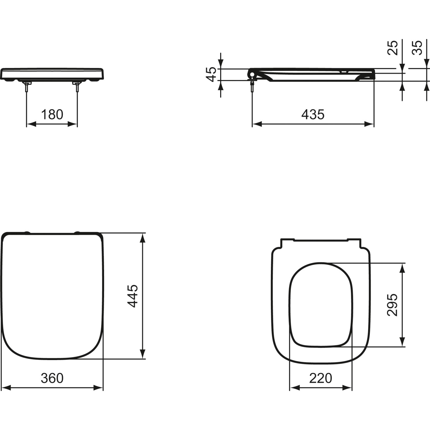 Technische Zeichnung: Ideal Standard i.life A WC-Sitz mit Softclosing, Maße und Details.