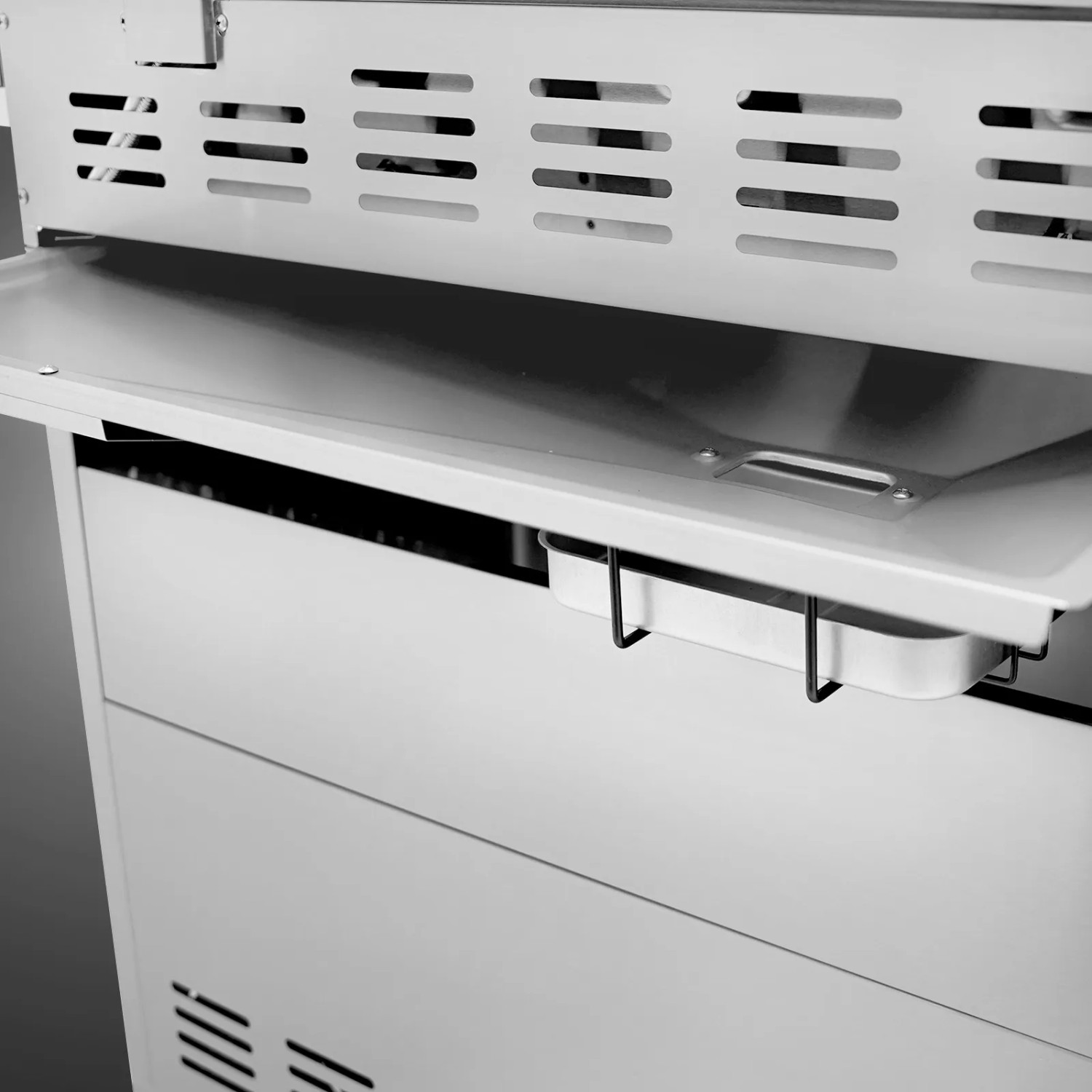 Detailaufnahme: Taino Platinum Yamara 4+2 Gasgrill mit Seitenablage und Auffangbehälter.