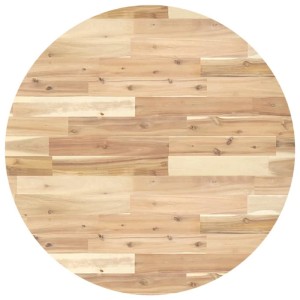 Runde Tischplatte aus hellem Massivholz Akazie, Ø80 cm. Natürliche Holzmaserung und Astlöcher sichtbar.