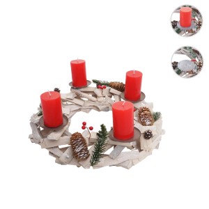 MCW Adventskranz, rund, Holz, Ø 40cm, weiß-grau mit roten Kerzen, Weihnachtsdekoration.