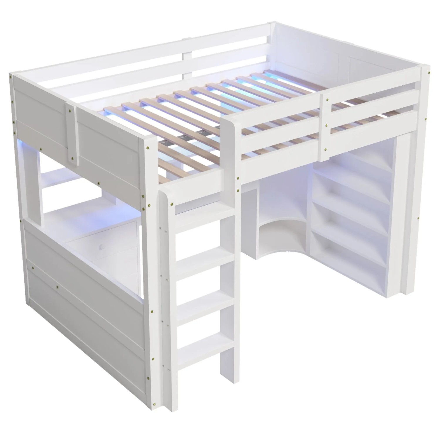 okwish Hochbett 140x200cm mit Kleiderschrank LED und Schubladen Weiß ohne Matratze